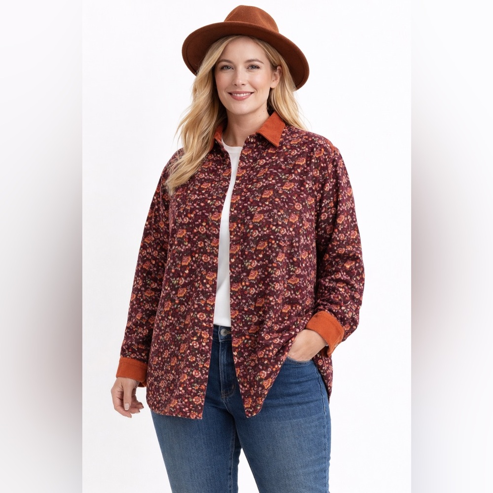 Eddie Bauer XXL Corduroy Trim Floral Button Up Shirt Burgundy Orange